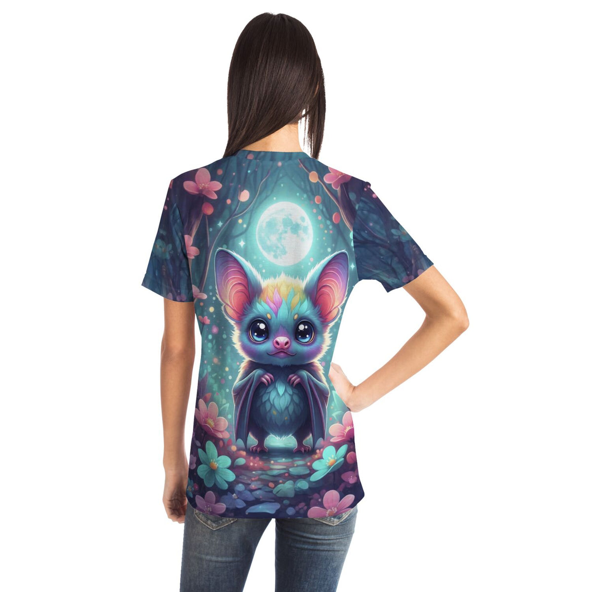 T-Shirt mit Freddy Fledermaus Motiv, inspiriert durch Diamond Painting und Malen nach Zahlen Designs, farbenfroher Vollprint