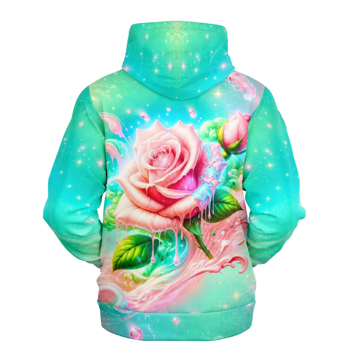 Dreamer Hoodie Candy Rose mit kunstvollem Rosen-Motiv in Mintgrün und Pink, ästhetischer All-Over-Print für Fashion-Fans