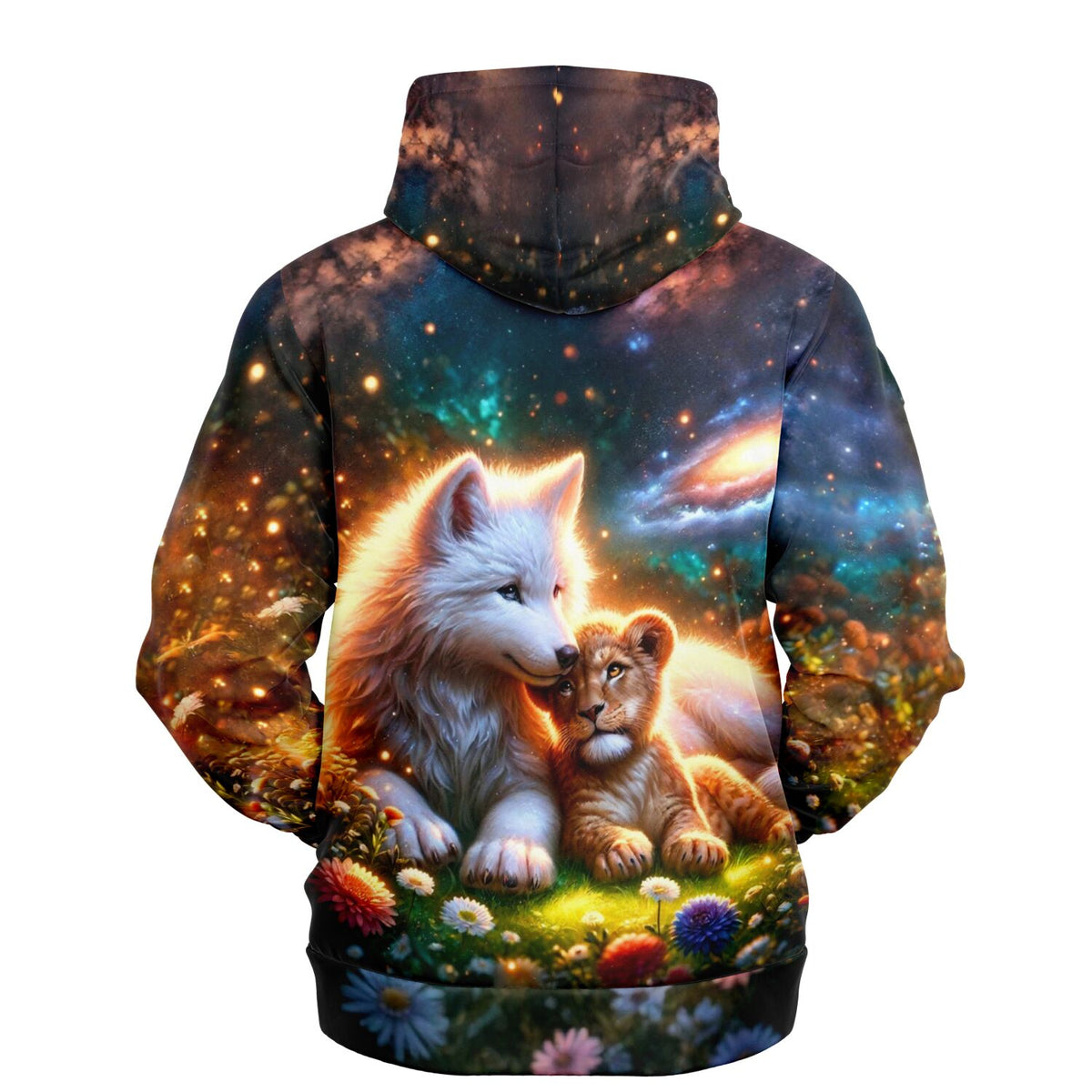 Dreamer Hoodie mit Wolf und Löwenbaby Motiv vor Galaxie-Himmel, passend zum Stil von Malen nach Zahlen und Diamond Painting
