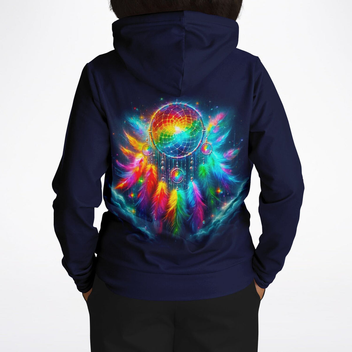 Dunkelblauer Dreamer Hoodie mit buntem Traumfänger-Motiv und leuchtenden Federn im Stil von Diamond Painting Kunst