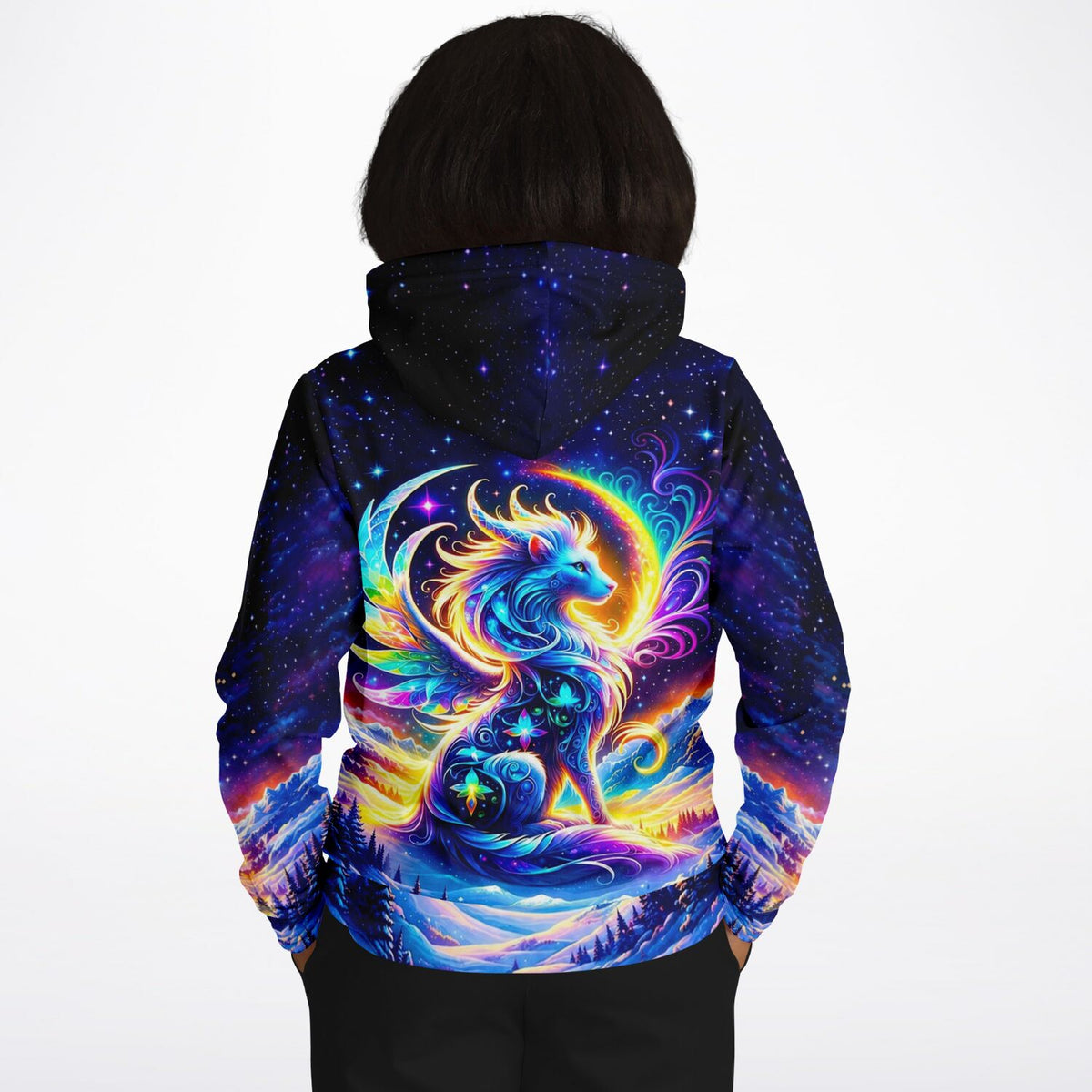 Dreamer Hoodie Monja Hüterin der Berge mit buntem Wolf Motiv im Stil von Diamond Painting und Malen nach Zahlen Kunst