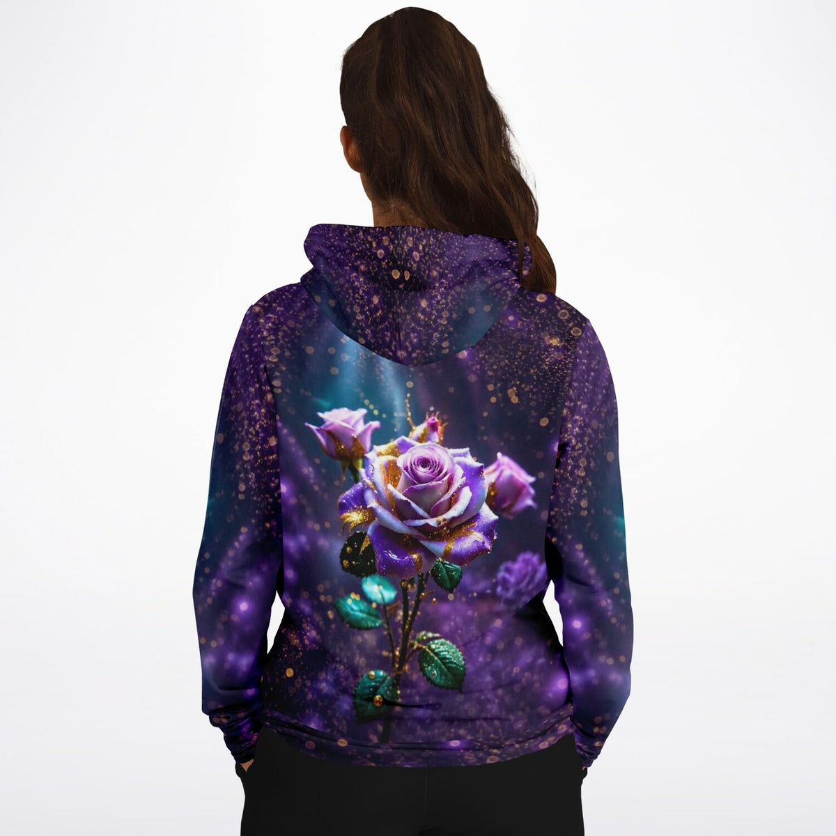 Dreamer Hoodie in Amethystrose mit kunstvollem Rosen-Motiv, das an Diamond Painting Designs erinnert
