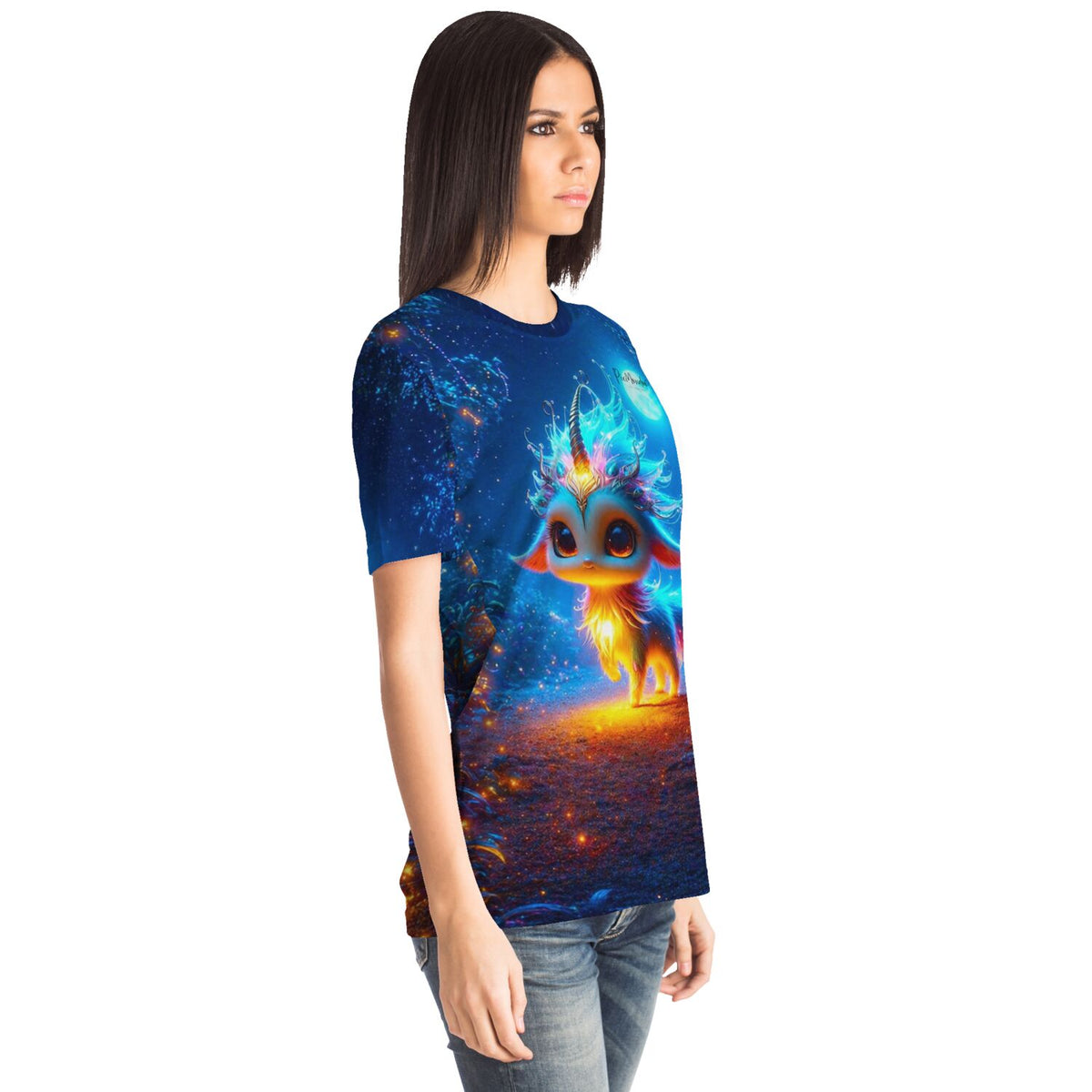 Frau trägt blaues T-Shirt mit leuchtendem Mondscheintanz-Motiv im Stil unserer Diamond Painting und Malen nach Zahlen Sets