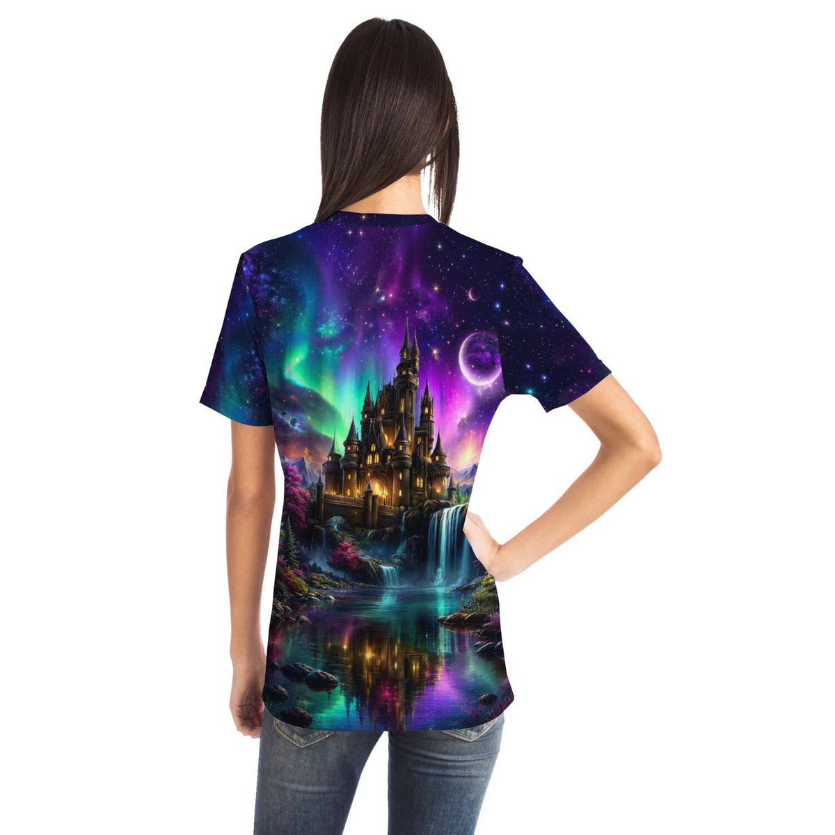 T-Shirt mit verträumtem Schloss-Motiv, inspiriert von Diamond Painting Ästhetik, mit Polarlichtern und Galaxie-Print.