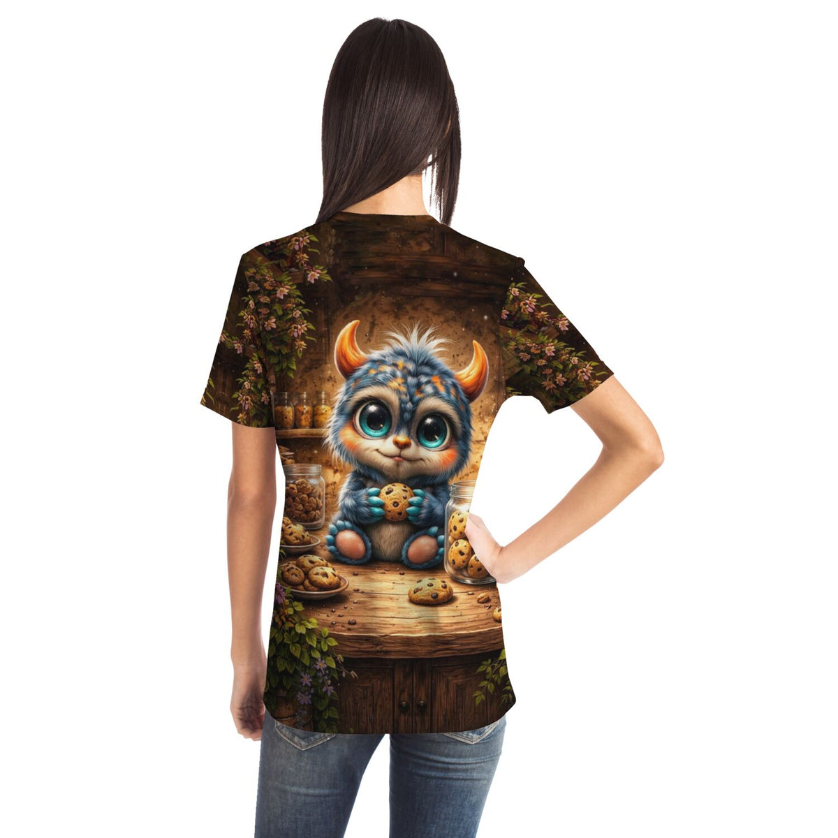 T-Shirt mit süßem Monster beim Kekse essen, hochwertiger Vollflächendruck im Stil von Diamond Painting Motiven.