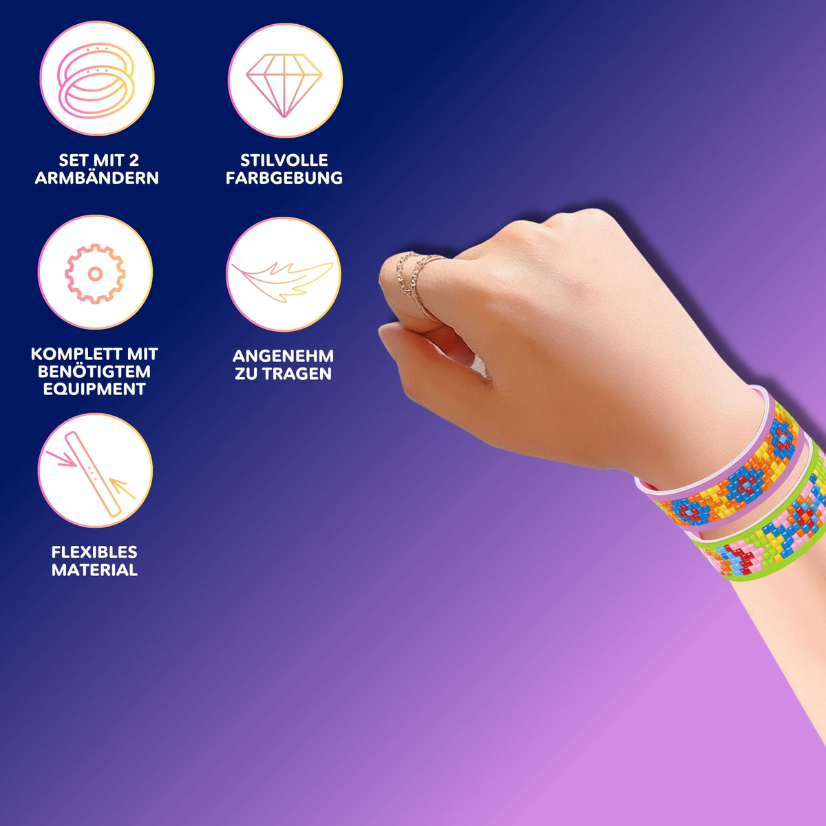 Zwei bunte Diamond Painting Armbänder aus flexiblem Material, getragen am Handgelenk als kreatives 5D DIY-Schmuckset.