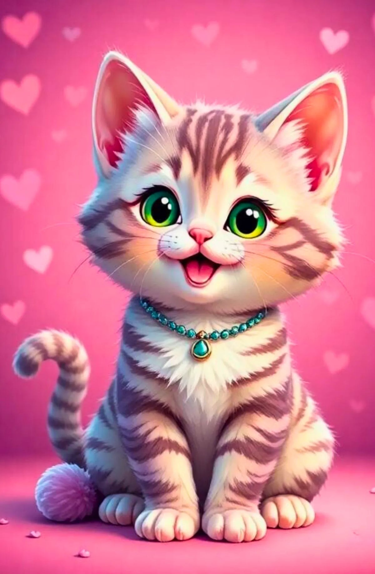 Diamond Painting Set Katze Pippa: Süßes Kätzchen mit grünen Augen, Halskette und Herzchen auf rosa Hintergrund