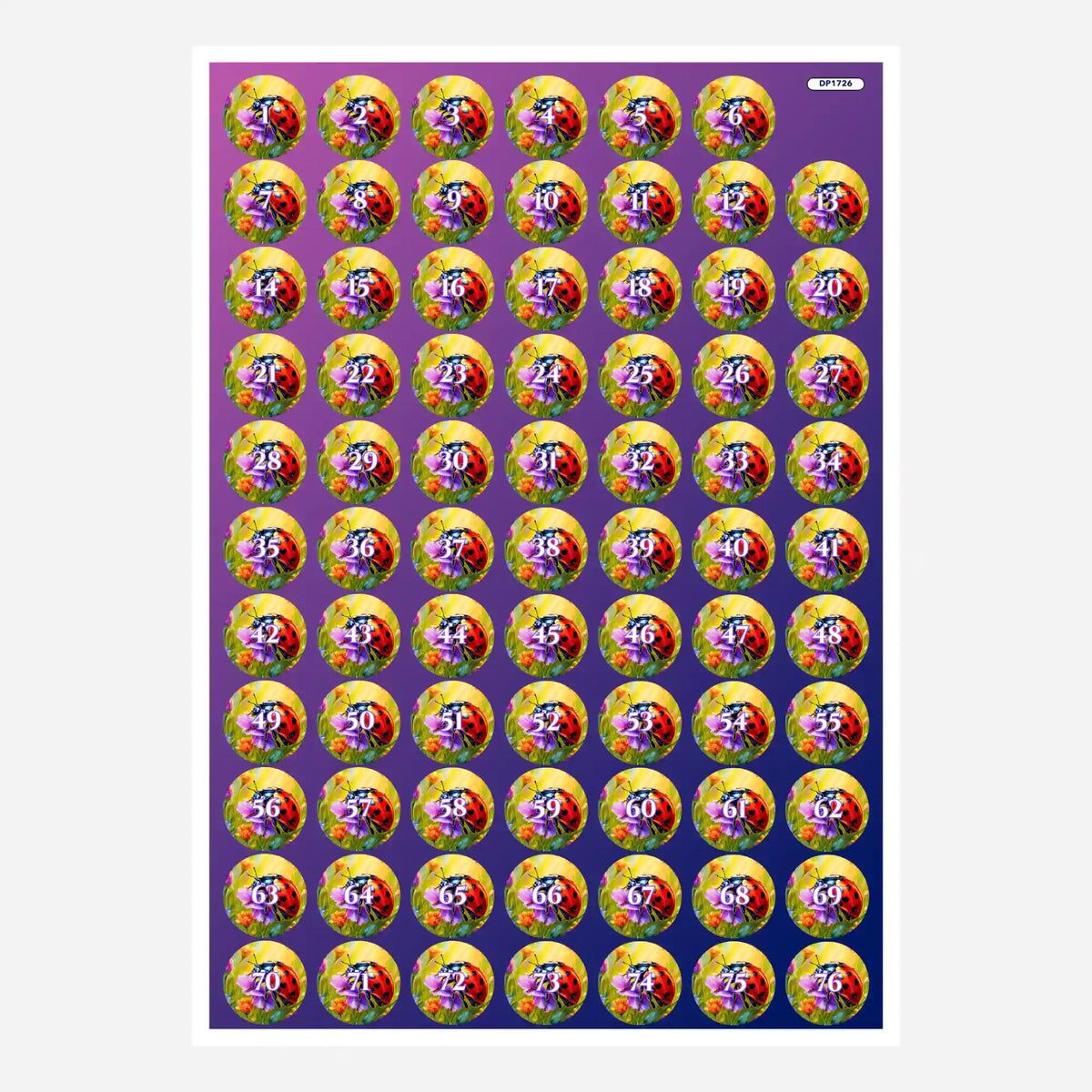 Bogen mit runden Döschenaufklebern für Diamond Painting mit Marienkäfer-Motiv zur Sortierung von Diamantsteinen