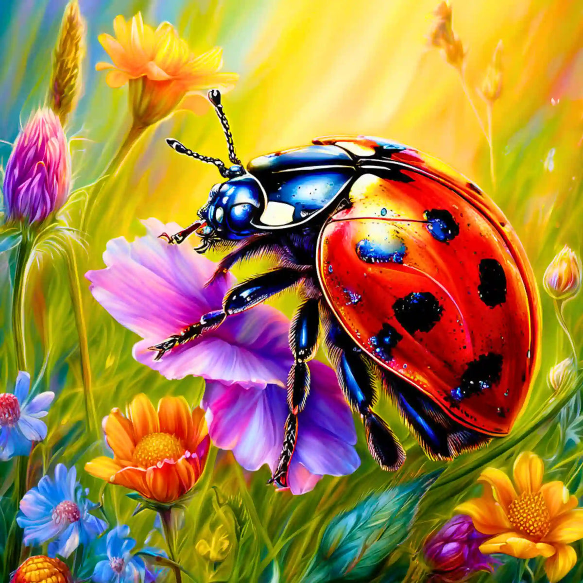 Diamond Painting Set eines detaillierten Marienkäfers auf einer bunten Blumenwiese mit leuchtenden Frühlingsblüten.