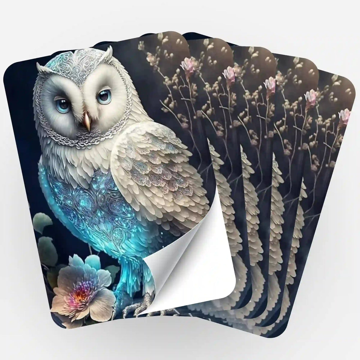 Fächerförmiges 5er-Set White Owl Aufkleber für Diamond Painting Fans mit detailliertem Eulen-Motiv und Blumen