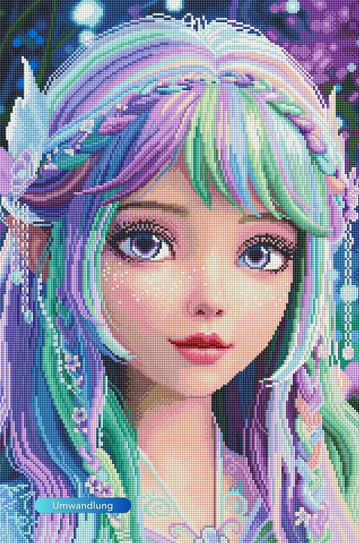 Diamond Painting Set Feenprinzessin Elara mit bunten Haaren im Fantasy-Stil und glitzernden Details