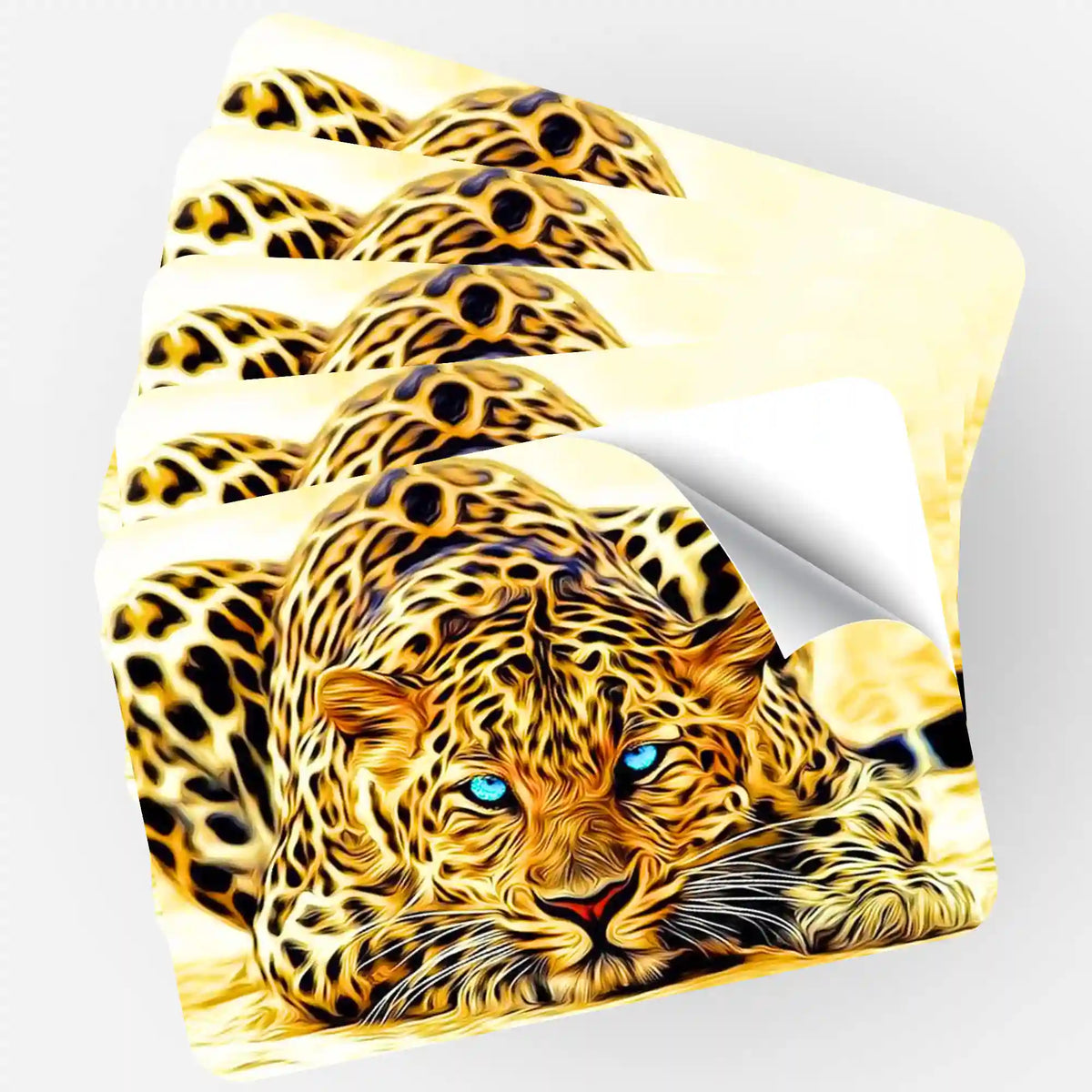 Fünfer-Set Sticker mit Leopard Blue Eyes Motiv zur Organisation von Diamond Painting und Malen nach Zahlen Sets