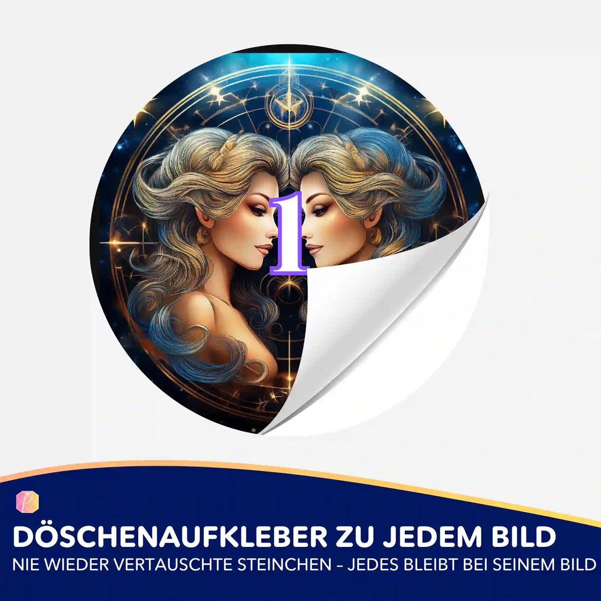 Runder Döschenaufkleber mit Sternzeichen Zwilling Motiv für Diamond Painting Zubehör zur geordneten Steinchen-Sortierung