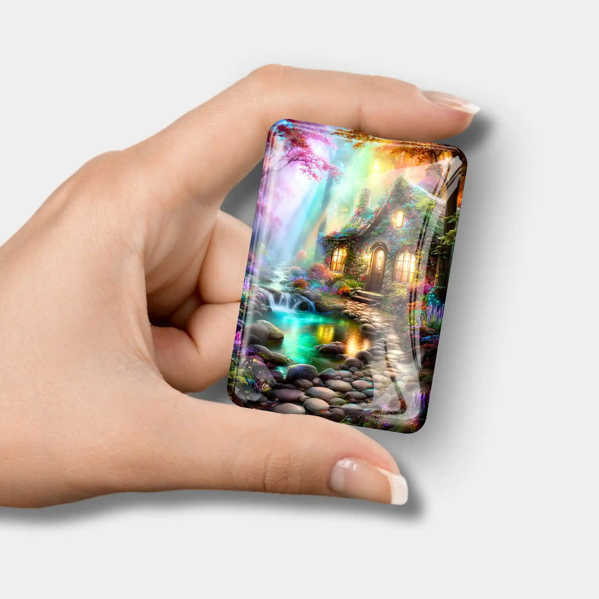 Magischer Cover Minder für Diamond Painting mit Motiv Heimkehr, gläserner Magnet mit leuchtendem Häuschen am Waldfluss