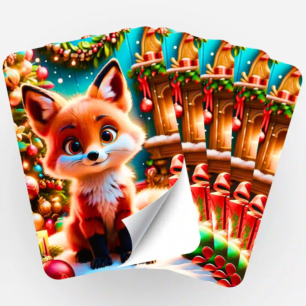 Fünfer-Set Foxy Aufkleber für Diamond Painting Fans mit süßem Fuchs-Motiv in weihnachtlicher Umgebung