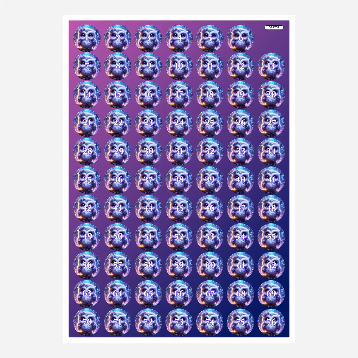 Bunte Aufkleber für Diamond Painting Döschen mit Eulen-Motiv Eli zur einfachen Sortierung der Diamanten.
