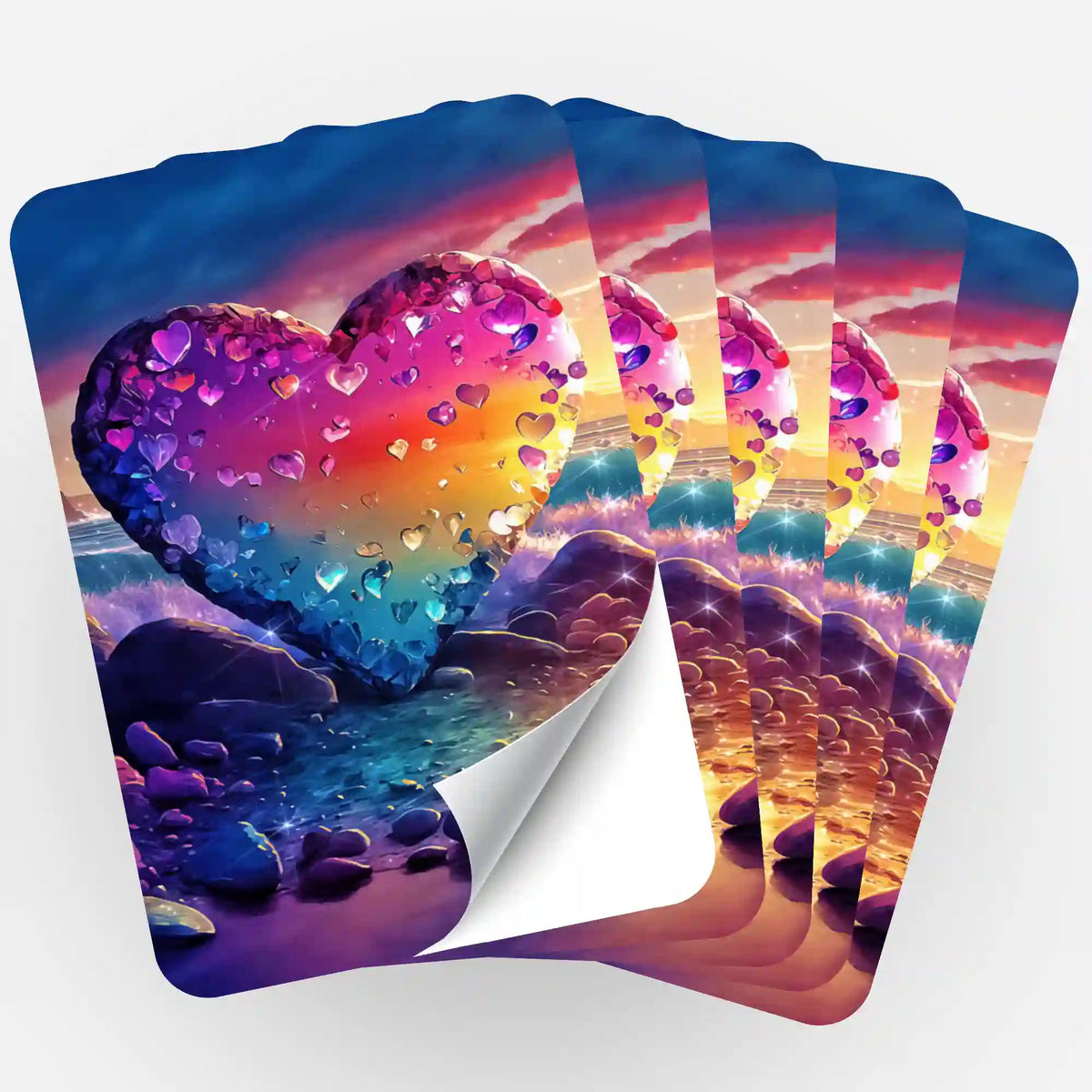 Fünf Diamond Painting Aufkleber mit Herz-Motiv in bunten Farben und Glitzer-Optik zur Organisation von Bastelsets