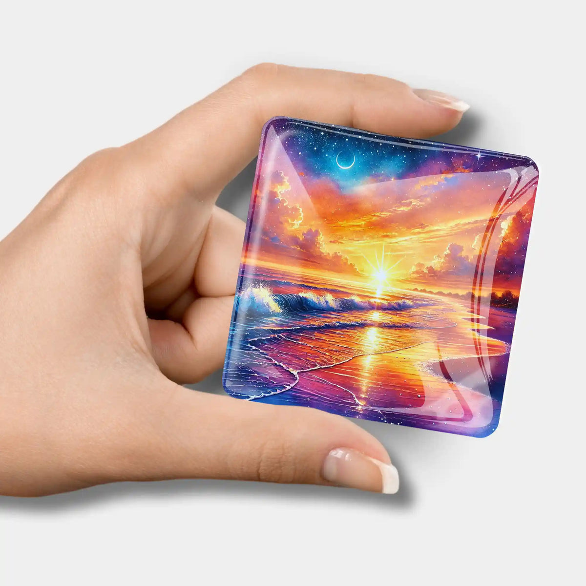 Quadratischer Diamond Painting Cover Minder mit Motiv Sonne und Sterne über dem Meer in einer Hand gehalten