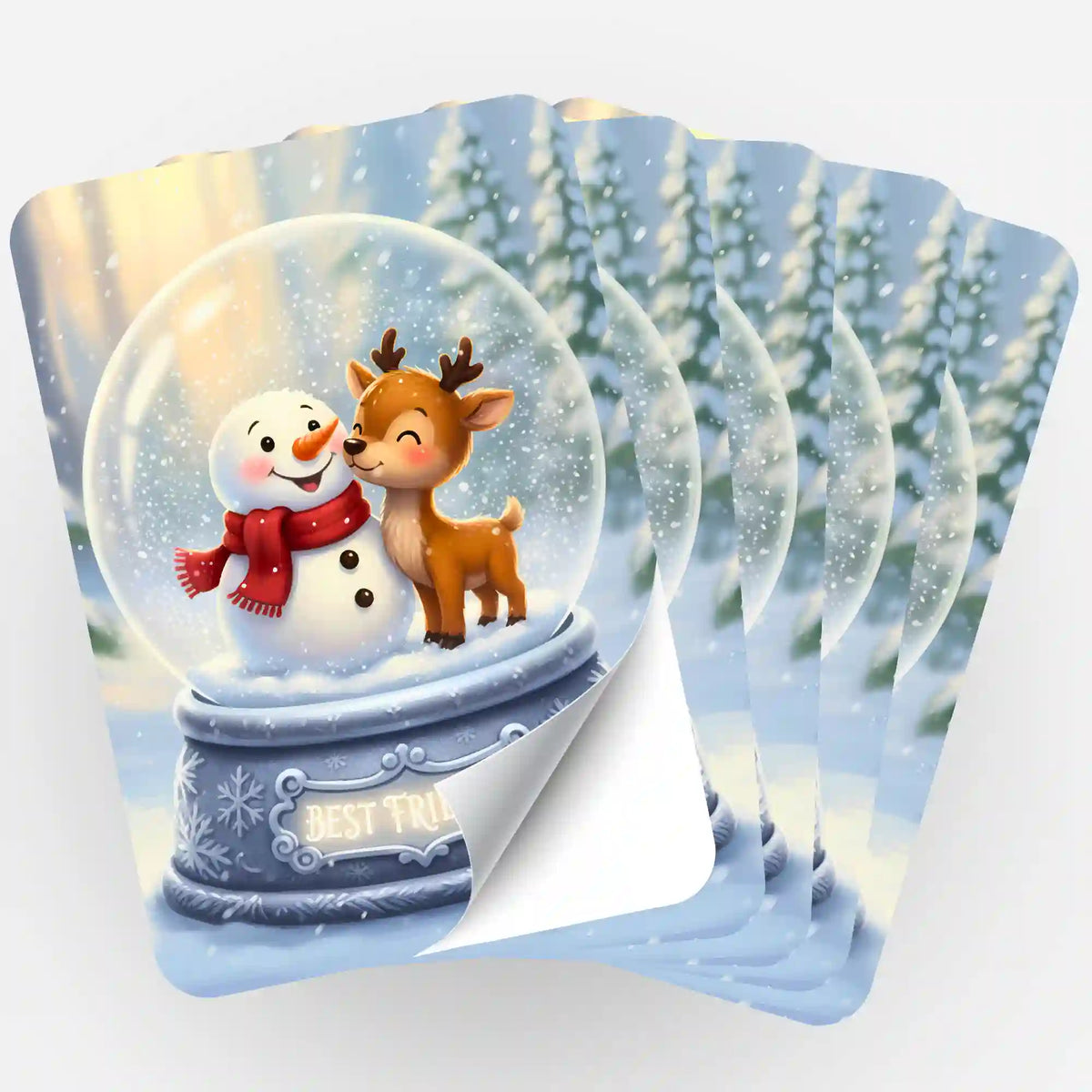 5er-Set Sticker für Diamond Painting mit Best Friends Schneekugel-Motiv: Schneemann und Rentier in Winterlandschaft
