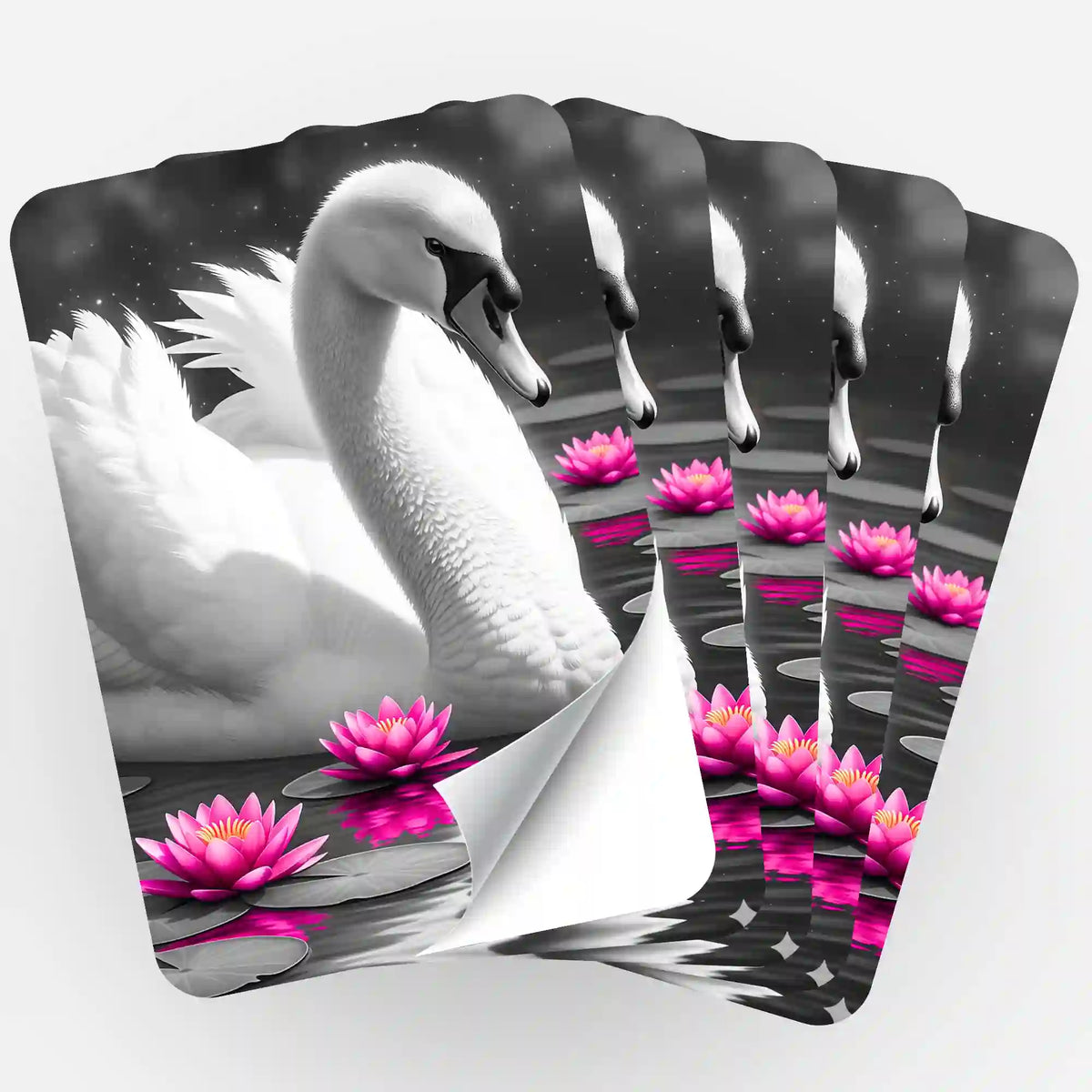 Fächer von 5 Diamond Painting Aufklebern mit Schwan Motiv und rosa Seerosen im Schwarz-Weiß Kontrast