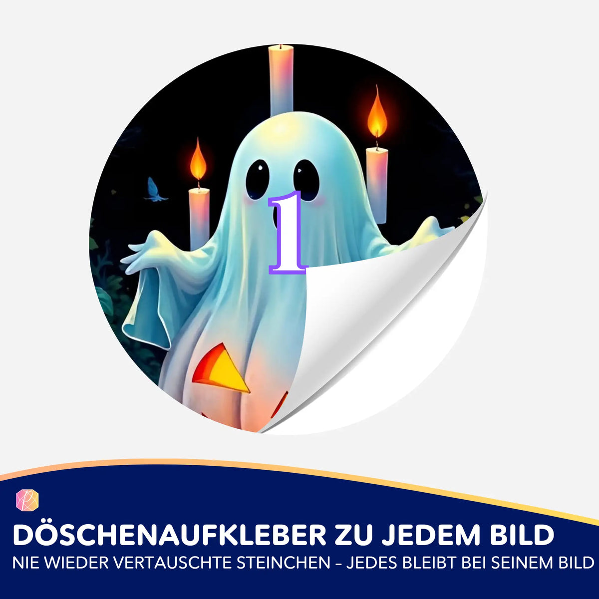 Bunte Diamond Painting Döschenaufkleber mit niedlichem Halloween Gespenst Motiv zur Sortierung von Diamanten