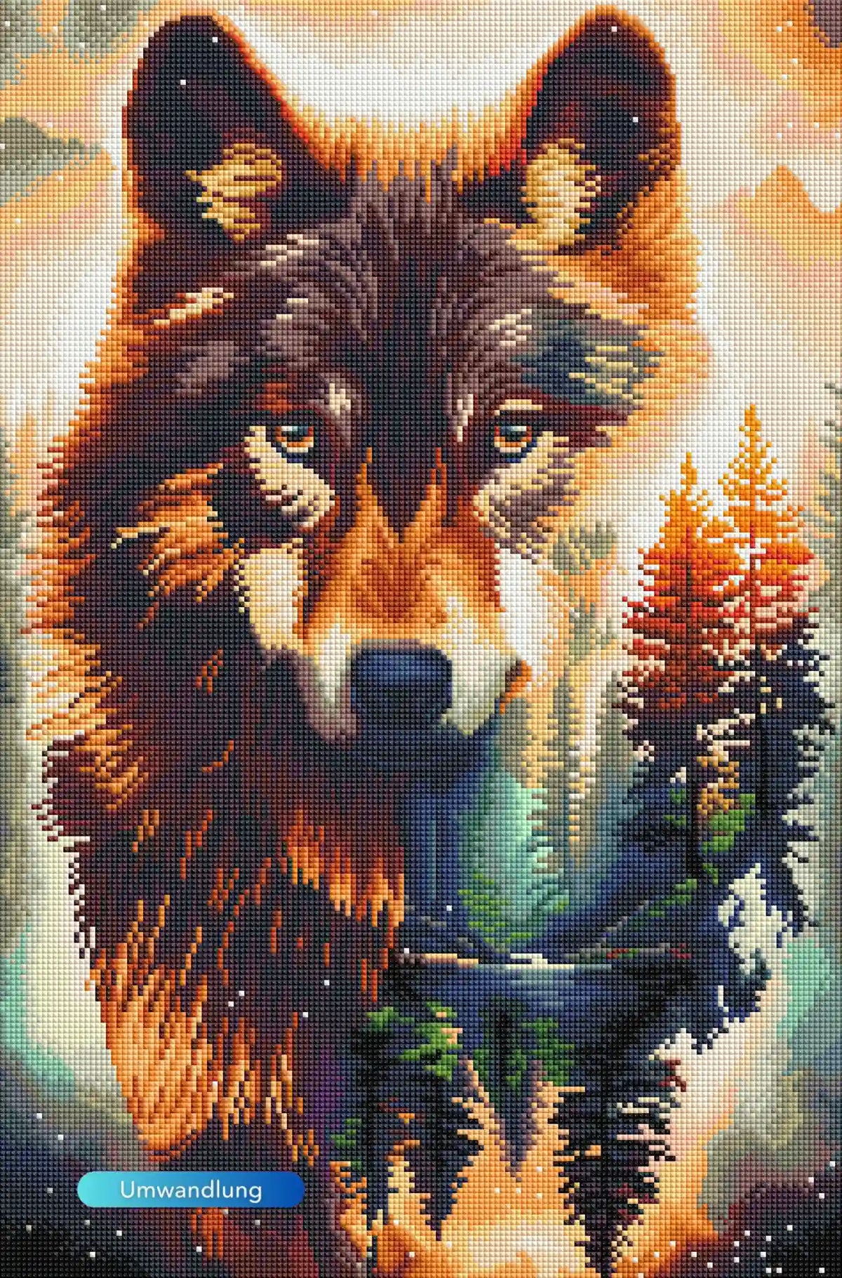 Diamond Painting Wolf als Geist des Waldes mit Tannen, flauschigem Fell und mystischem Nebel Effekt.