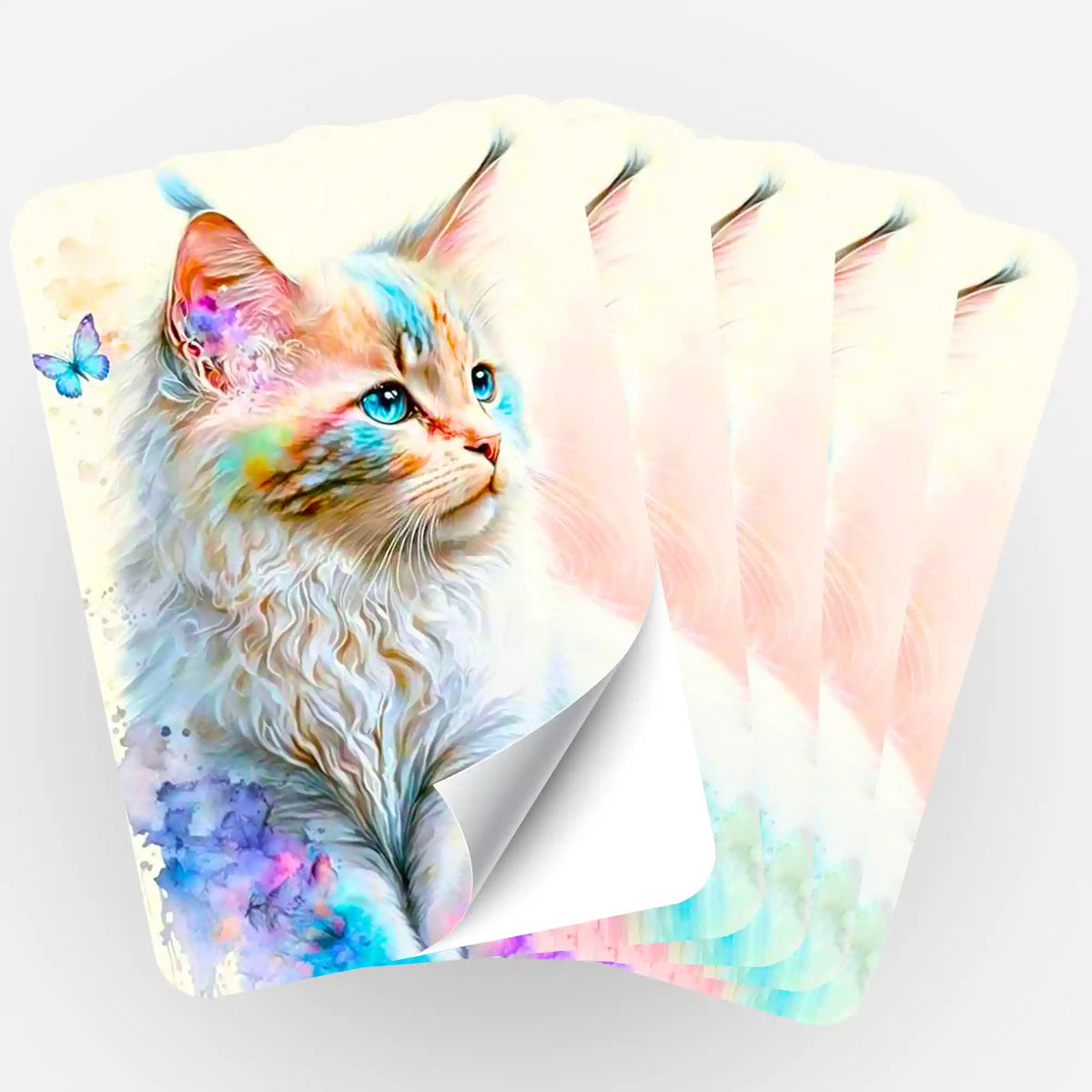 Fünfer-Set Sticker für Diamond Painting mit zartem Katzenmotiv und blauem Schmetterling für Bastelbegeisterte