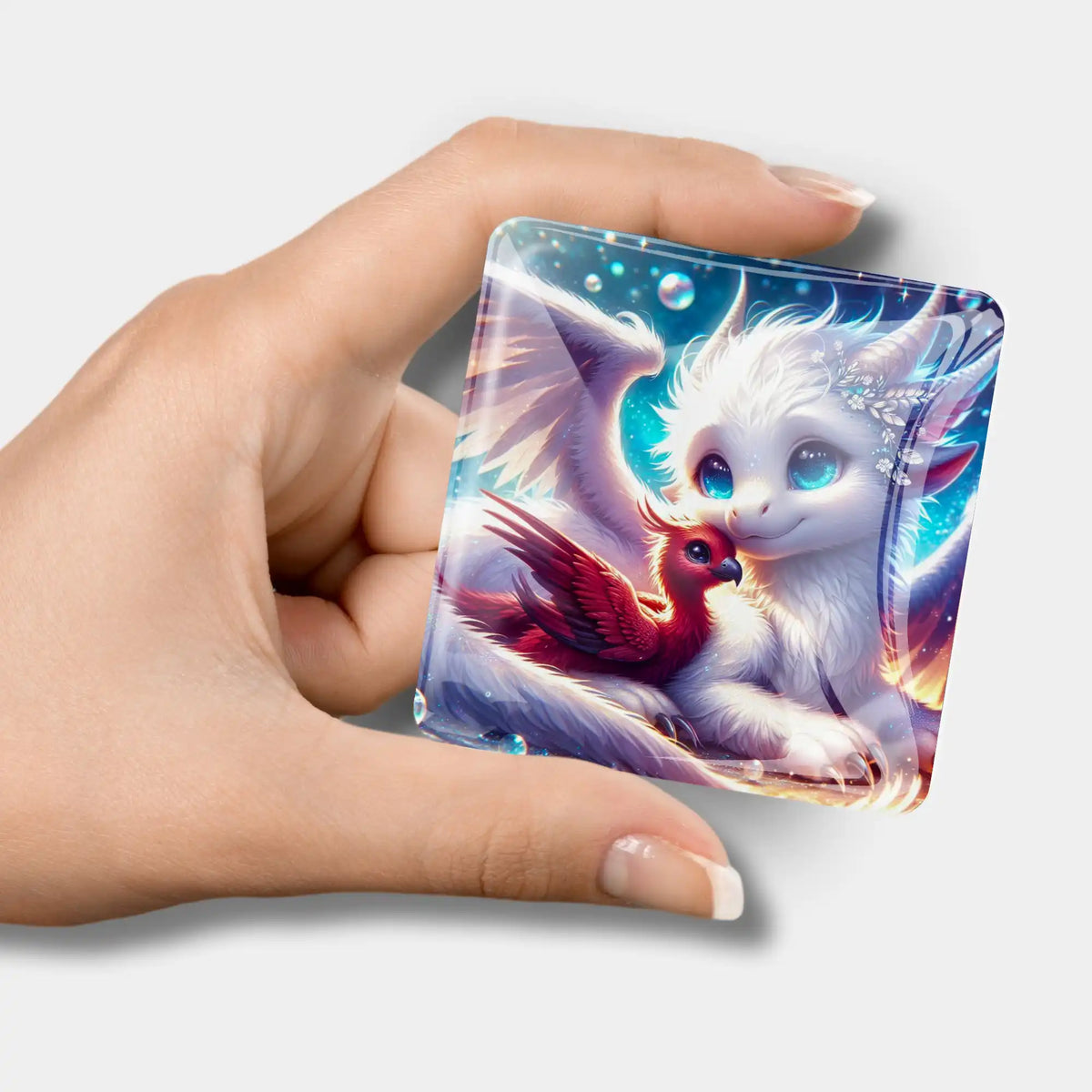Quadratischer Diamond Painting Cover Minder Astra & Fira mit Drachen-Motiv als praktisches Zubehör für Bastelsets
