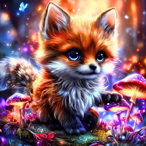 Diamond Painting Set Fynni: Süßer kleiner Fuchs im magischen Wald mit leuchtenden Pilzen und feinem Fell