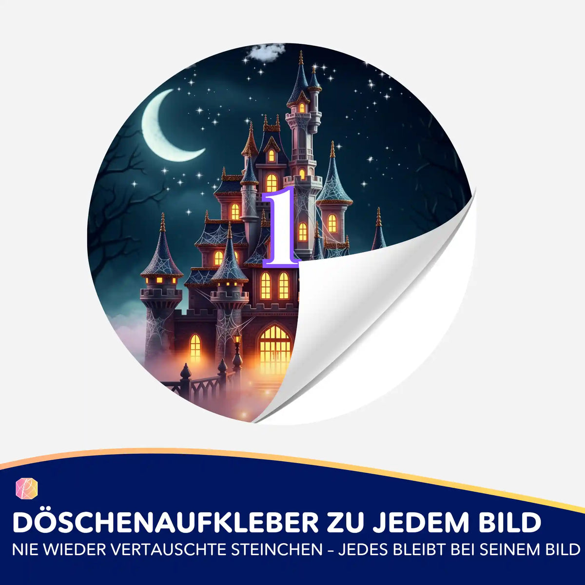 Runder Döschenaufkleber mit Nachtschloss-Motiv für Diamond Painting zur übersichtlichen Organisation von Steinchen.