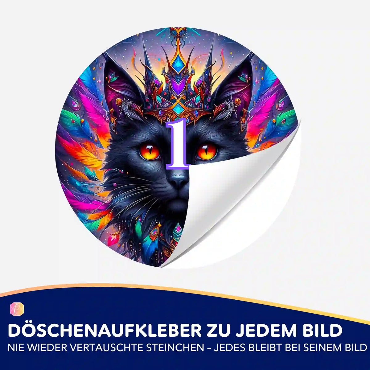 Bunter Katzen-Döschenaufkleber mit Zahl 1 für Diamond Painting Zubehör zur optimalen Sortierung der Diamanten Steinchen.
