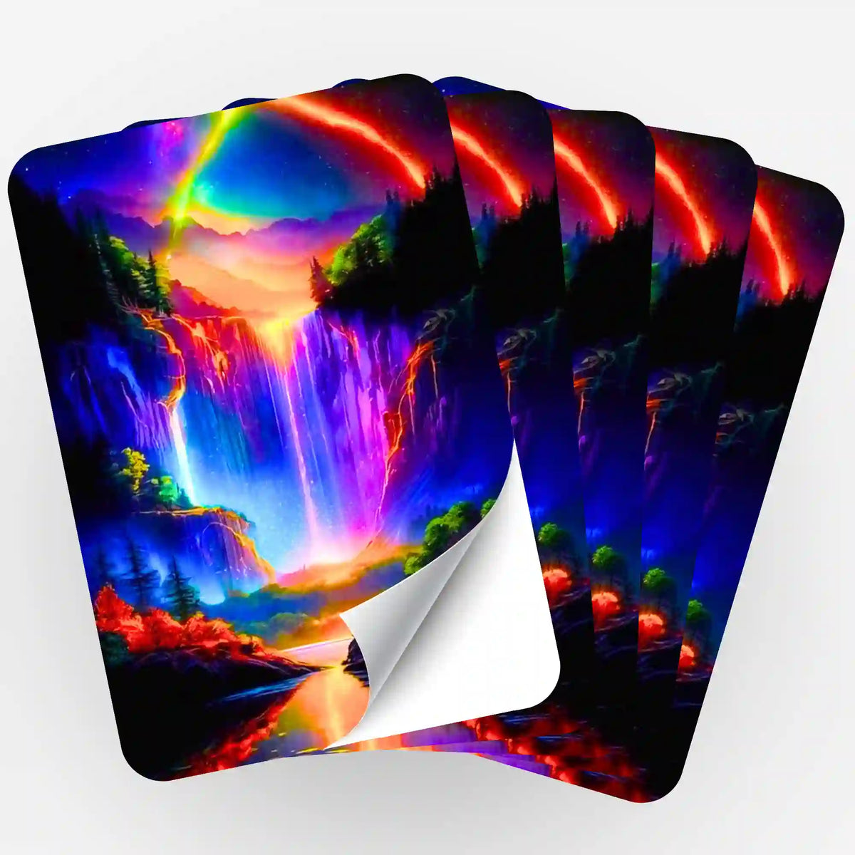 Fünfer-Set Aufkleber mit farbenfrohem Nachtleuchten am Wasserfall Motiv für Diamond Painting und Bastelbedarf