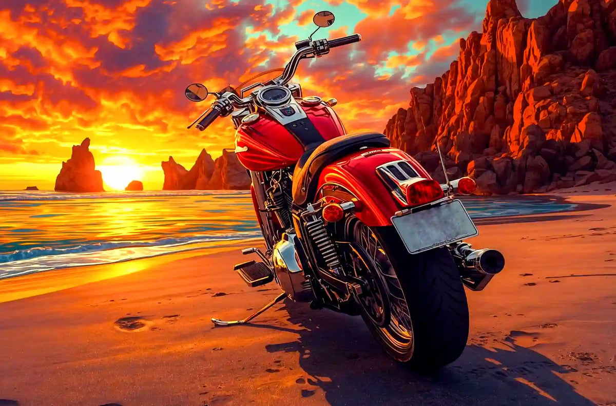 Diamond Painting Set eines roten Motorrads an einer Felsenküste bei Sonnenuntergang für kreatives DIY-Basteln