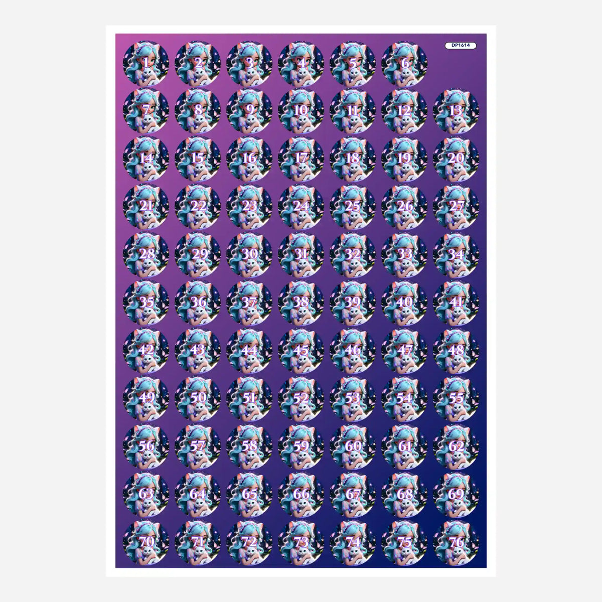 Buntes Döschenaufkleber-Set Kim Kitty Girl für die Diamond Painting Sortierung mit nummerierten Motiv-Stickern