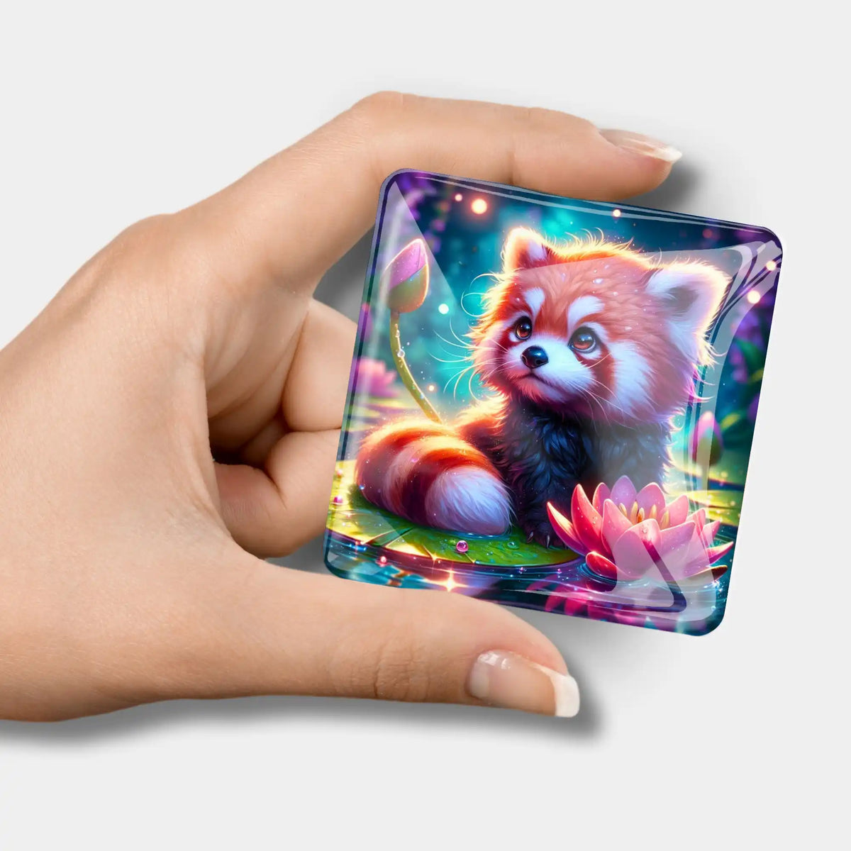 Glänzender Diamond Painting Cover Minder Motiv Miko der rote Panda auf einem Lotosblatt als praktisches Bastelzubehör