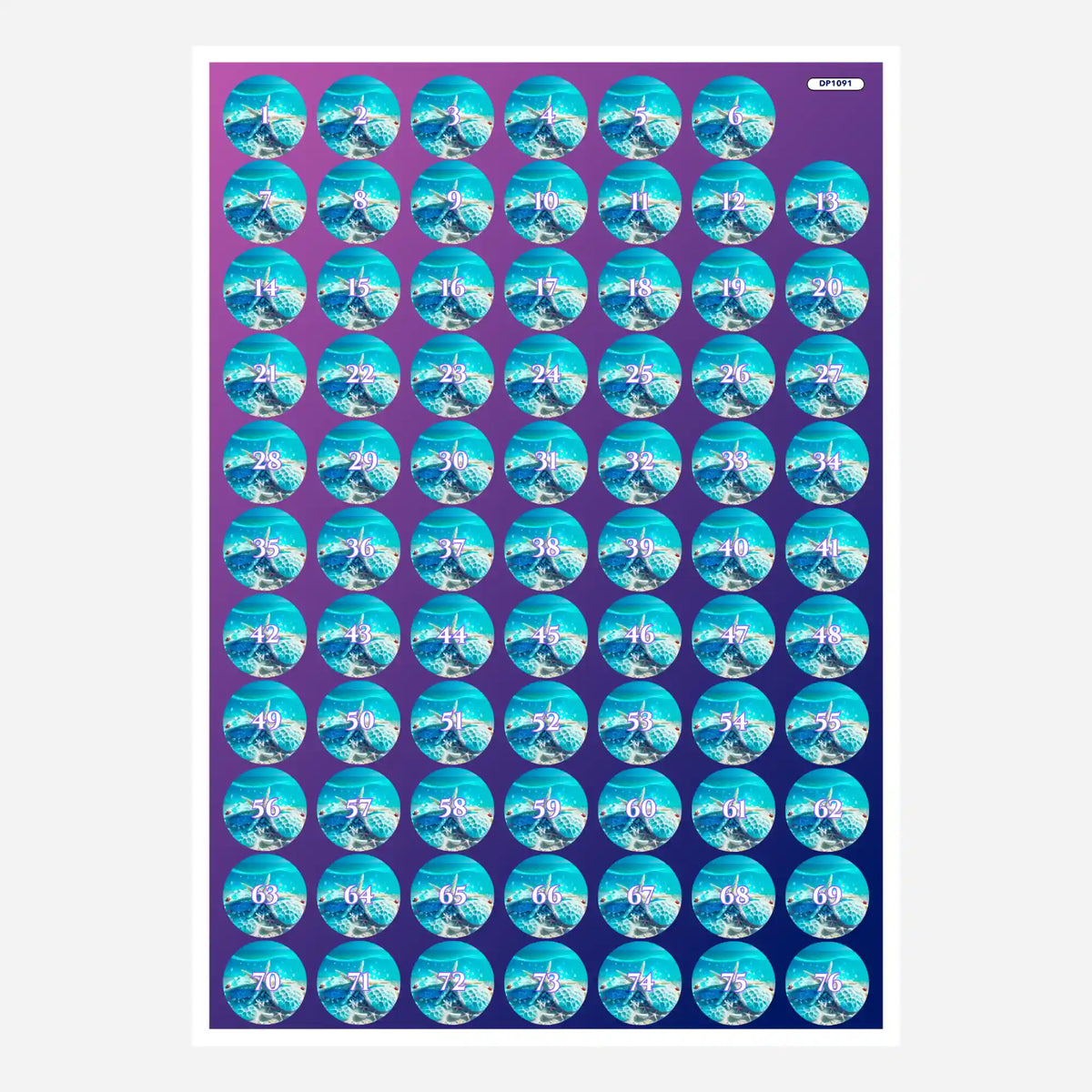 Bogen mit runden Döschenaufklebern zur Beschriftung von Diamond Painting Steinen im Design Blaue Meeressymphonie.