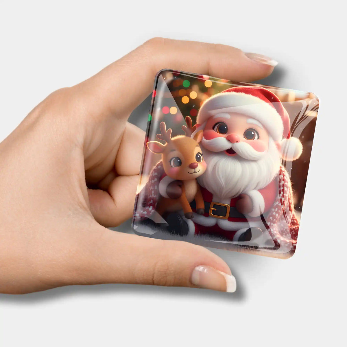 Weihnachtlicher Diamond Painting Cover Minder mit süßem Weihnachtsmann und Rentier Motiv aus Glas für kreative Bastler.