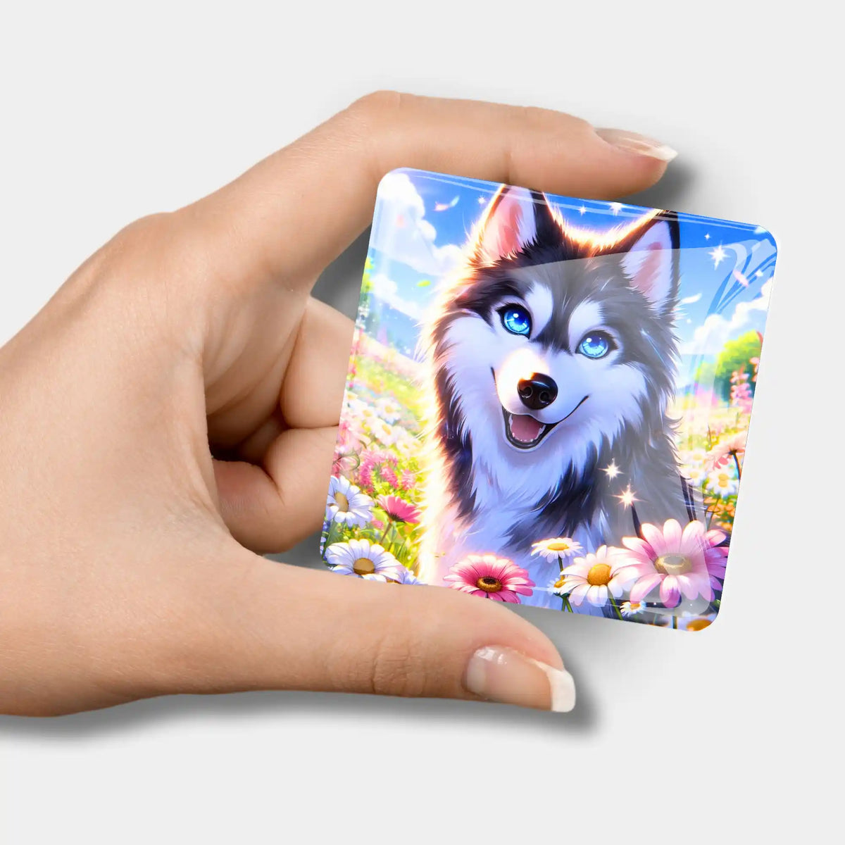 Glas Cover Minder für Diamond Painting mit Husky-Motiv in einer Blumenwiese als praktisches Zubehör für Bastler.