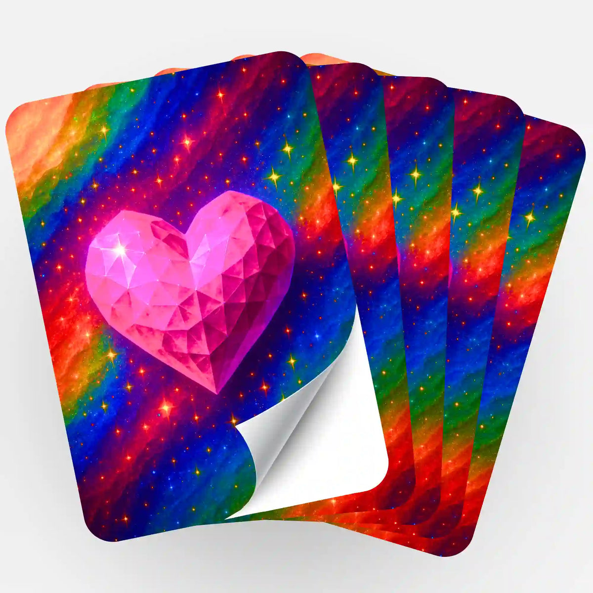Fächer von 5 Diamond Painting Aufklebern mit glitzerndem pinken Herzkristall Motiv auf buntem Galaxy-Hintergrund