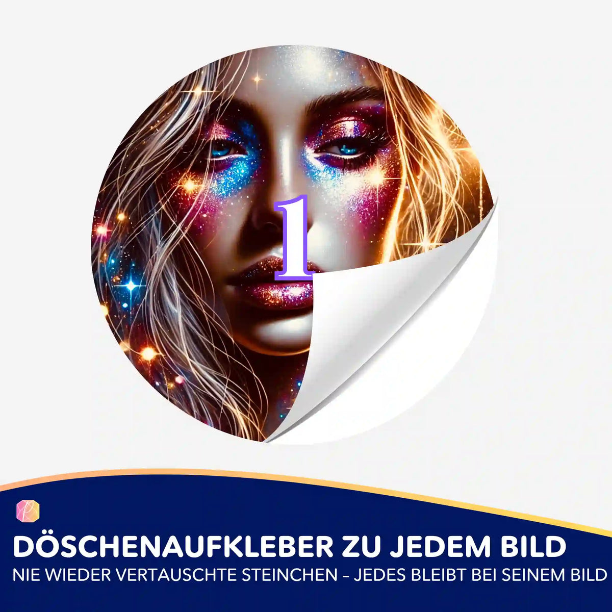 Runder Döschenaufkleber Elara zur Organisation von Diamond Painting Steinchen mit farbenfrohem Frauenporträt