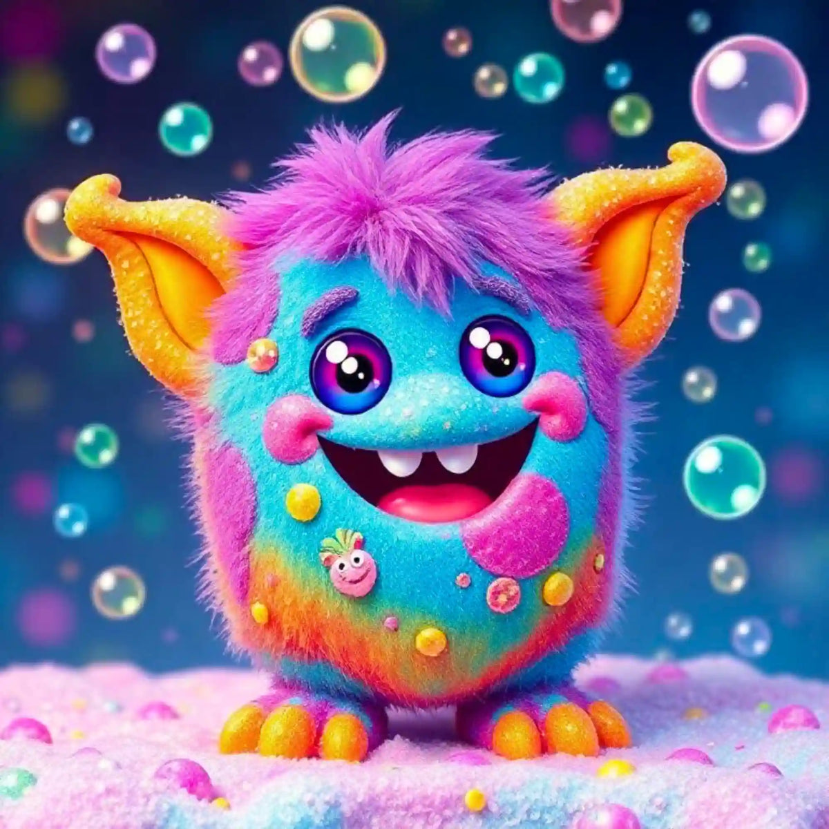 Diamond Painting Set Grinsebacke: Farbenfrohes, flauschiges Kawaii-Monster mit Seifenblasen im verspielten Fantasy-Design