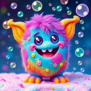 Diamond Painting Set Grinsebacke: Farbenfrohes, flauschiges Kawaii-Monster mit Seifenblasen im verspielten Fantasy-Design