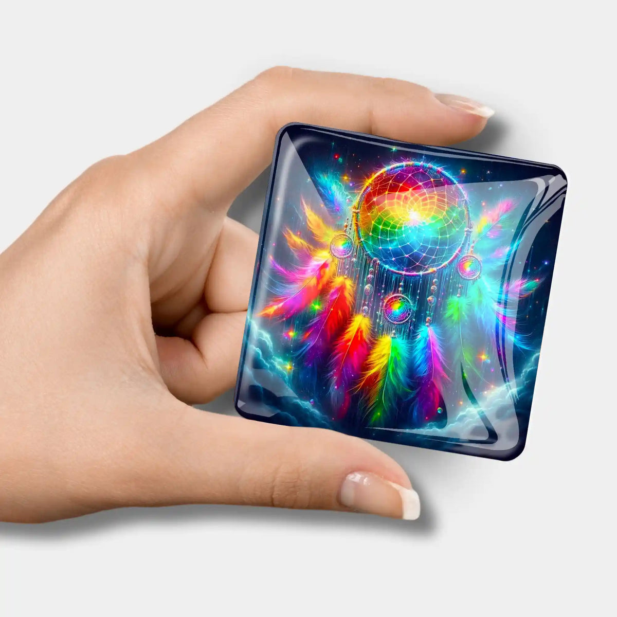 Quadratischer Diamond Painting Cover Minder Träumerei im Federspiel mit buntem Traumfänger Motiv und Magnet