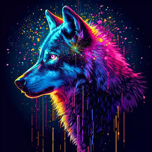 Diamond Painting Set eines mystischen Wolfs in Neonfarben mit leuchtendem Fell und magischen Farbeffekten auf dunklem Grund