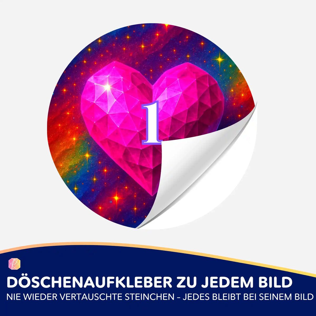 Runder Döschenaufkleber mit pinkem Herzkristall Motiv zur Organisation von Diamond Painting Steinchen