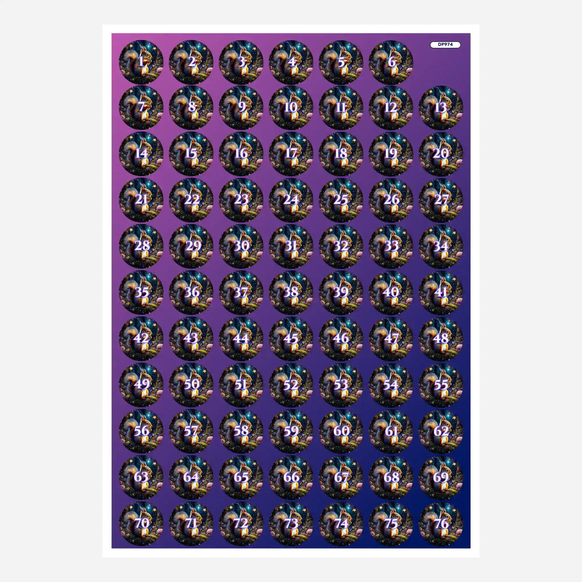 Bogen mit runden Diamond Painting Döschenaufklebern, nummeriert mit Eichhörnchen-Motiv für effektive Farb-Sortierung.