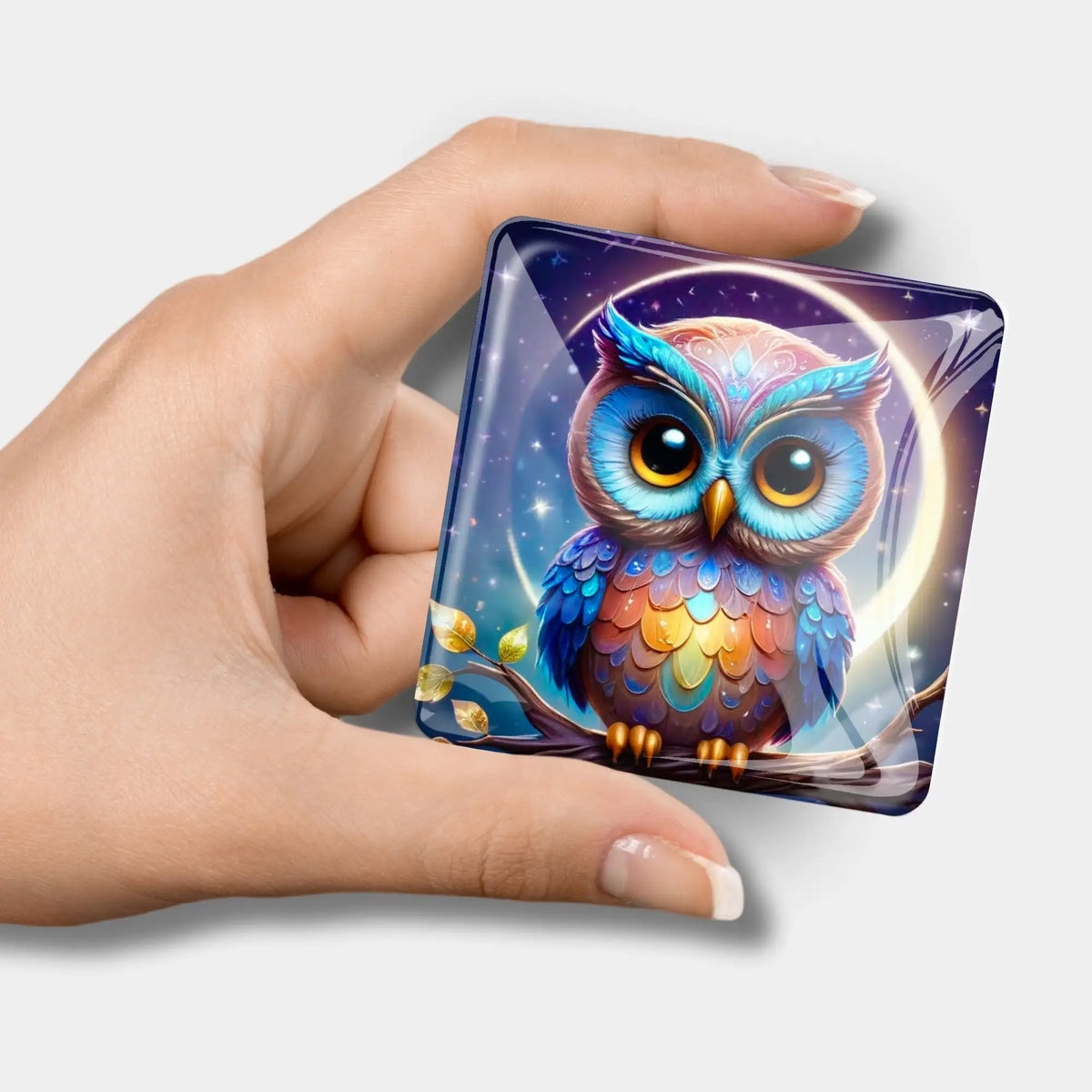 Quadratischer Eulen-Cover Minder aus Glas für Diamond Painting mit buntem Eulen-Motiv vor Mondhintergrund