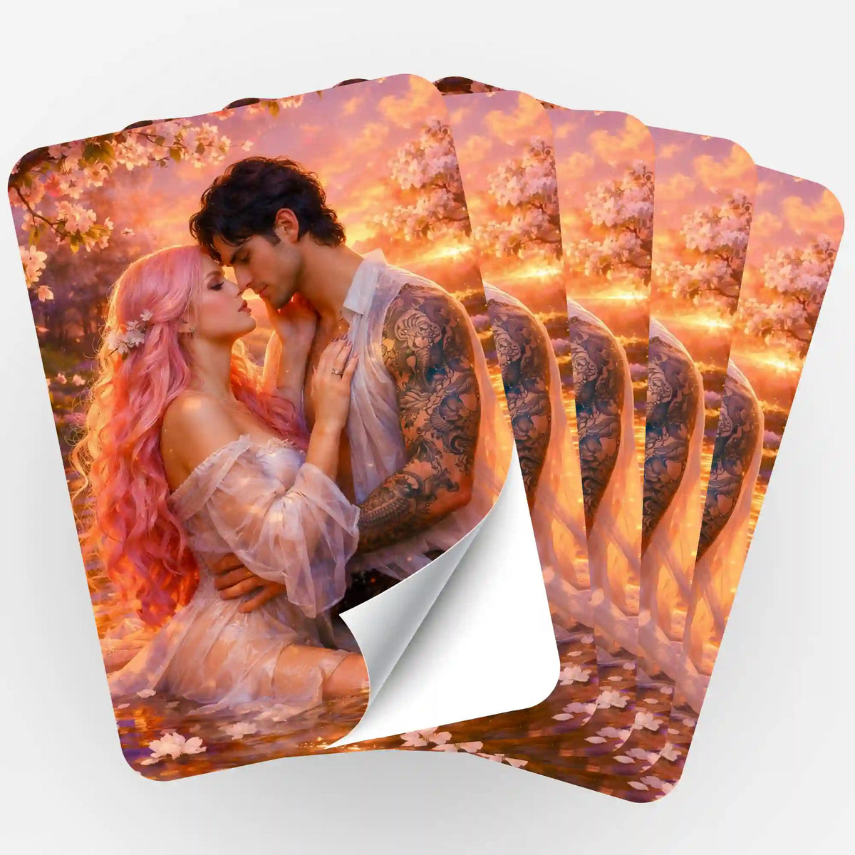 Fünfer-Set dekorativer Aufkleber für Diamond Painting Fans mit romantischem Liebespaar Motiv in traumhaftem Sonnenuntergang