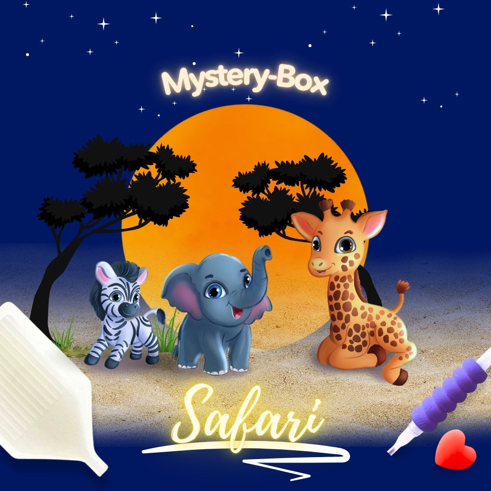 Diamond Painting Mystery-Box Safari mit süßen Tier-Motiven, passendem Set-Zubehör und afrikanischem Sonnenuntergang