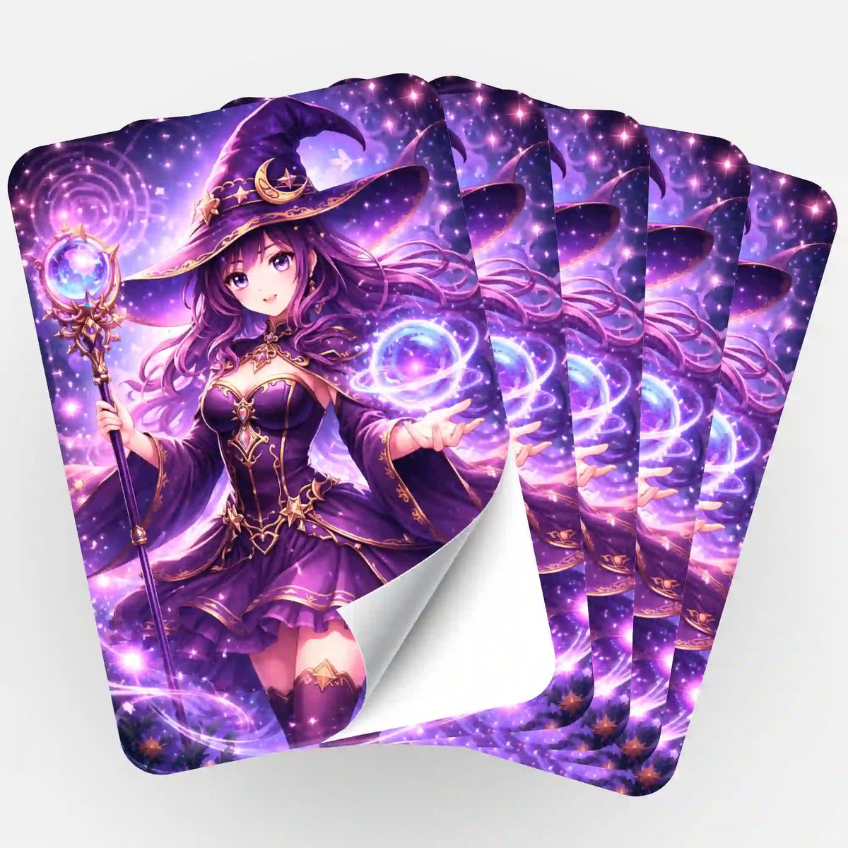 Fünfer-Set Celestara Aufkleber für Diamond Painting Fans mit magischer Hexe und Sternenhimmel Motiv in Lila.